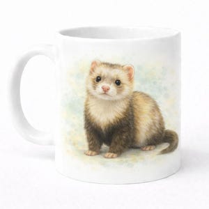 Könnte beinhalten: Weiße Keramiktasse mit einer Aquarellillustration eines Frettchens. Das Frettchen hat braunes und cremefarbenes Fell und sitzt auf einem hellgrünen und gelben Hintergrund. Die Tasse hat einen weißen Henkel.