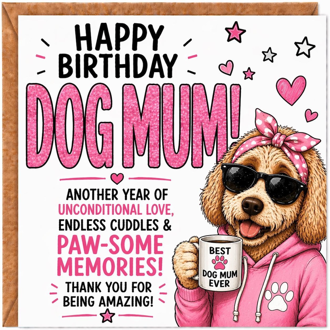 Funny Dog Mum Birthday Card, Cute Puppy Card for Dog Lover, Pink ...