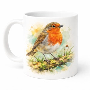 Aquarell Robin Tasse - Weiße Keramik, lebendiges Naturdesign