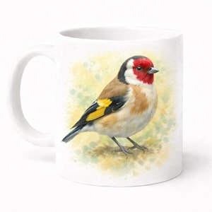 ゴールドフィンチ水彩マグカップ：11オンス セラミック製 光沢仕上げ