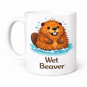 Wet Beaver Coffee Mug - Cute Watercolor Splash, White Ceramic