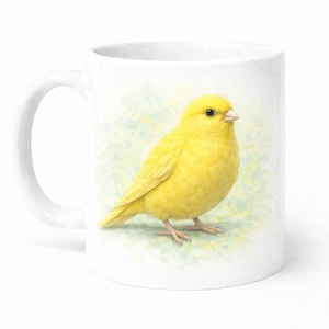 May include: White ceramic mug featuring a detailed illustration of a bright yellow canary bird. The bird is perched on a light green and blue watercolor background. The mug has a curved handle.