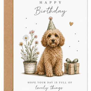 Könnte beinhalten: Geburtstagskarte mit einer Aquarellillustration eines braunen Hundes mit Partyhut. Der Text lautet "Happy Birthday" und "Hope your day is full of lovely things". Mit Geschenk und Blumen.