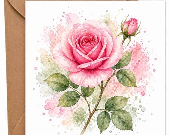 Peut inclure: Carte de vœux à l'aquarelle représentant une rose rose avec des feuilles vertes et un bouton. La rose est au centre, sur un fond d'éclaboussures d'aquarelle roses et vertes. La carte est accompagnée d'une enveloppe marron.