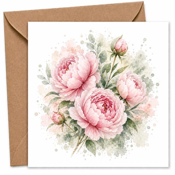 Pink Peony Watercolour Card – Floral Blank Greeting Card, Romantic Peony Illustration, Luxury Botanical Stationery