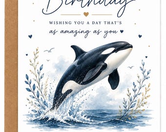 Orca Birthday Card, Ocean Whale Greeting Card, Nautical Sea Life Illustration