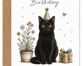 Black Cat Birthday Card | Illustrated Animal Greeting Card | A6 Kraft Envelope