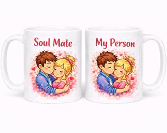 Soul Mate & My Person Mug Set - White Ceramic with Love Illustration