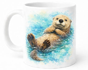 Tazza in ceramica con motivo a lontra marina, acquerello (315 ml, lavabile in lavastoviglie)