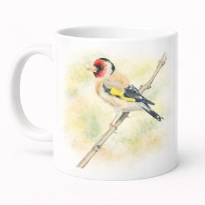 水彩ゴールドフィンチマグカップ：野生動物のアートが描かれた陶器カップ（11オンス）