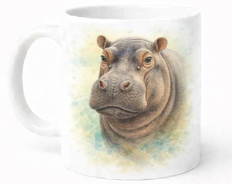 Hippo Watercolor Mug: 11oz Ceramic with Soft Safari Tones