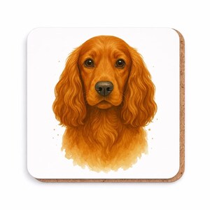 Könnte beinhalten: Quadratischer Untersetzer mit einer Aquarellillustration eines Cocker Spaniel Hundes. Der Hund hat auburnfarbenes Fell, eine schwarze Nase und dunkle Augen. Der Untersetzer hat einen weißen Hintergrund und einen Korkrand.