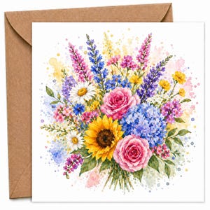 May include: A watercolour greeting card with a colourful floral bouquet. The arrangement includes pink roses, a yellow sunflower, blue hydrangeas, and other blooms. The card is accompanied by a brown envelope.