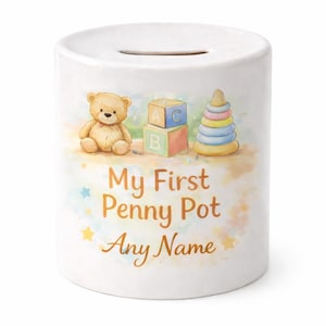 Personalised Ceramic Penny Pot, Baby Money Box, Teddy Bear & Blocks (9.5cm)