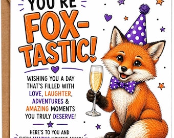 Tarjeta de cumpleaños de zorro divertida – Tarjeta "Eres un zorro fantástico" – Tarjeta de animalito adorable – Tarjeta de animalito del bosque – Tarjeta de cumpleaños divertida