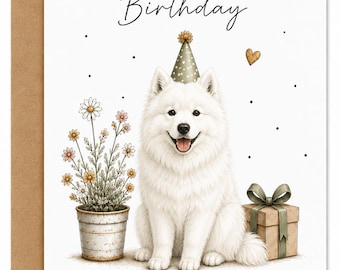 Peut inclure: Carte de vœux d'anniversaire avec un chien Samoyède blanc portant un chapeau de fête. La carte porte les mots "Happy Birthday" et "Hope your day is full of lovely things". Un cadeau et des fleurs en pot sont également représentés.