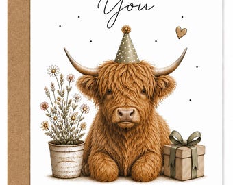 Highland Cow Thank You Card | Rustic Floral A6 Greeting Card, 300gsm Kraft Envelope