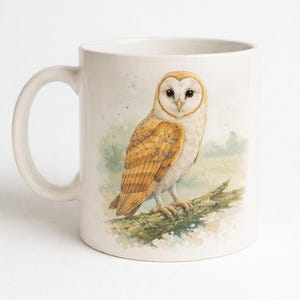 Mug Chouette effraie des cloches : motif aquarelle crème doux - Céramique blanche