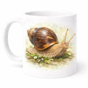 Può includere: Tazza in ceramica bianca con una dettagliata illustrazione di una lumaca. La lumaca ha un guscio marrone e beige ed è su un letto di erba verde e piccoli fiori bianchi. La tazza ha un manico curvo.