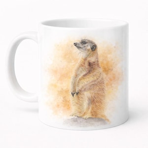 Caneca de cerâmica com estampa de suricata em aquarela - Branca, 325ml (11oz), própria para lava-louças.