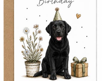 Black Labrador Birthday Card | Dog Lover Greeting Card, Floral Details (A6, 300gsm)
