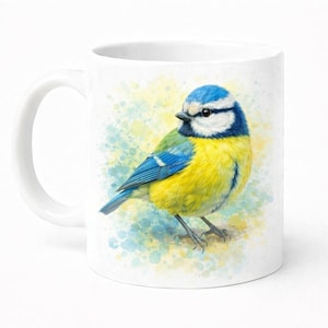 Keramik Kaffeebecher: Blaumeise Aquarell - Spülmaschinen- und Mikrowellenfest