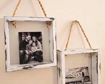Set of 2 Distressed Wood Hanging Photo Shelves, Farmhouse Wall Decor