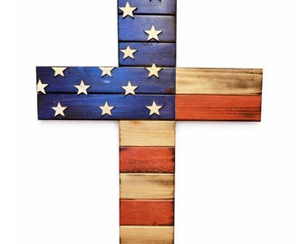 American Flag Cross Wooden, Rustic Patriotic Wall Decor, Handmade
