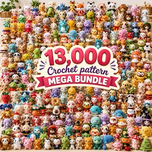 May include: A large collection of colorful crocheted stuffed animals arranged on tiered shelves. A central red and white banner displays the text 13,000 Crochet pattern MEGA BUNDLE, surrounded by numerous small, handcrafted yarn figures.