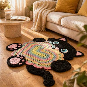 Könnte beinhalten: Ein handgefertigter Katzen-Teppich aus Häkelarbeit. Der Teppich hat einen schwarzen Katzenkopf und -schwanz, mit Pfoten und einem bunten, herzförmigen Körper in Pastelltönen von Rosa, Gelb und Blau. Der Teppich liegt auf einem Holzboden.