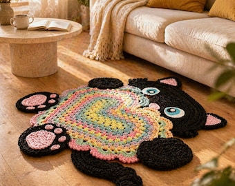 Black Cat Heart Rug Crochet Pattern | Rainbow Granny Square Mat (PDF Pattern)