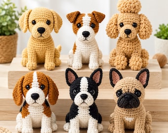 Dog Crochet Pattern Bundle PDF, 6 in 1 Amigurumi Dog Toy, Labrador Beagle French Bulldog Boston Terrier Jack Russell Poodle (PDF Download)
