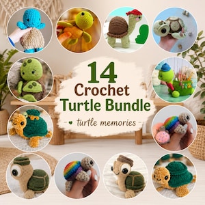 Könnte beinhalten: Eine Sammlung von 14 gehäkelten Schildkröten in verschiedenen Farben und Mustern, darunter grüne, regenbogenfarbene und braune Panzer. Der Text in der Mitte lautet 14 Crochet Turtle Bundle und turtle memories. Jede Schildkröte hat gestickte Augen.