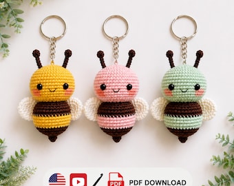 Little Bee Crochet Pattern PDF + Video Tutorial, Amigurumi Bee Keychain Pattern, Cute Bee Pendant