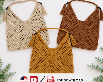 Crochet triangle bag pattern PDF with video tutorial. Geometric shoulder tote, market bag, everyday purse. 3 panels, braided strap & tassels