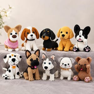 Puede incluir: Una colección de nueve pequeñas figuras de perro tejidas a mano en crochet de diversas razas y colores, incluyendo un perro color canela con un suéter rosa, un beagle, un perro salchicha negro, un golden retriever y un bulldog francés.
