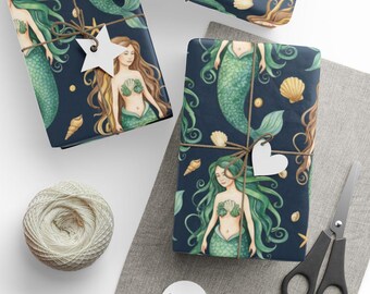 Papel de embrulho com sereia em aquarela, conchas náuticas, papel de embrulho de fantasia