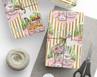 Papel de embrulho para festa do chá, elegante papel de presente com listras douradas.