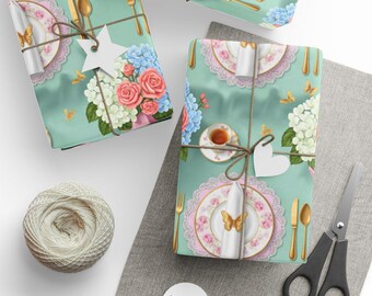 Embalagem para presente com tema de festa do chá floral, estampa de borboletas em estilo shabby chic.