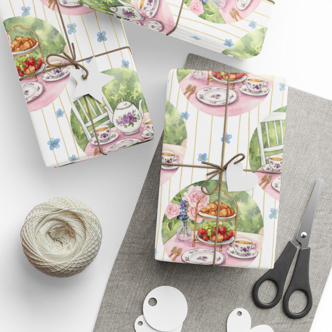 Watercolor Tea Party Garden Scene Gift Wrap, Elegant Afternoon Tea ...