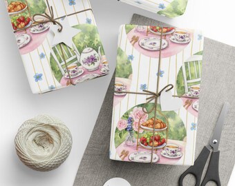 Papel de embrulho para presente com cena de jardim para chá em aquarela, elegante decoração de mesa para chá da tarde.