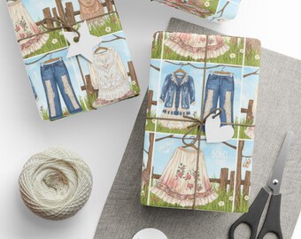 Papel de embrulho para roupas estilo boho chic, embalagem para presente em estilo vintage.