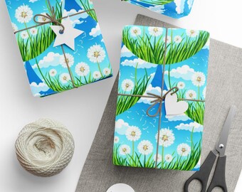 Papel de embrulho com estampa de dente-de-leão, papel de presente azul-celeste, alegria da primavera.