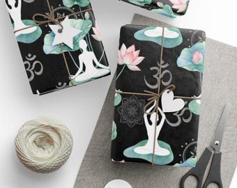 Papel de embrulho com símbolos de posturas de ioga e flor de lótus, arte zen sagrada.