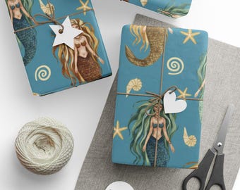 Papel de embrulho com sereia em aquarela, estilo rústico com tema oceânico.
