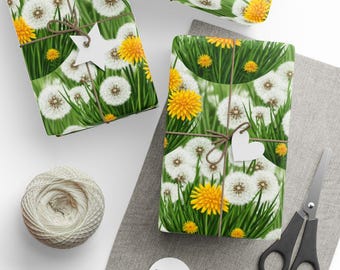 Papel de embrulho com estampa de campo de dente-de-leão, papel de presente com estampa de flores silvestres.