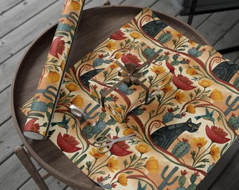 Papel de embrulho com estampa de gato preto, estilo desértico do sudoeste americano, com beija-flor e gato.