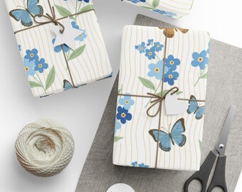 Papel de embrulho com flores e borboletas "Não me esqueças", estampa botânica.