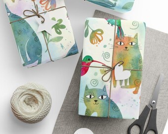 Papel de embrulho com estampa de gatos e beija-flores em aquarela, um delicado papel de embrulho floral com gatos e beija-flores.