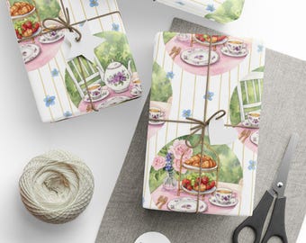 Papel de embrulho para festa do chá em aquarela, elegante papel de presente para brunch.